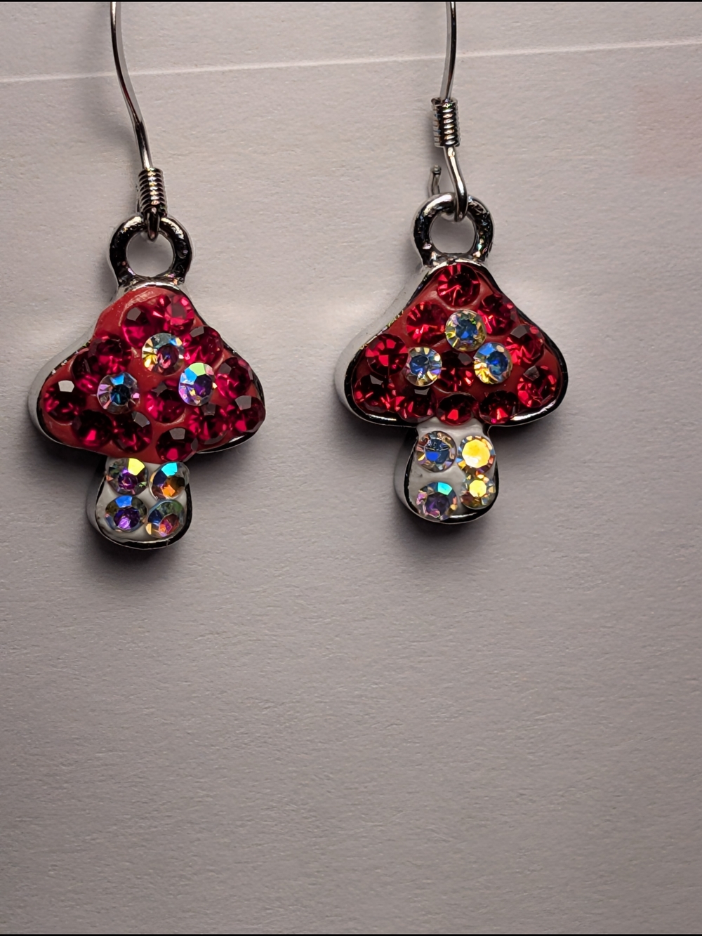 Homemade Red Crystal Mushroom Drop Earrings